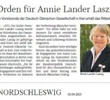 Nordschleswiger vom 02.04.2013 Artikel "Orden für Annie Lander Laszig" im Nordschleswiger vom 02.04.2013