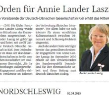 Nordschleswiger vom 02.04.2013 Artikel "Orden für Annie Lander Laszig" im Nordschleswiger vom 02.04.2013